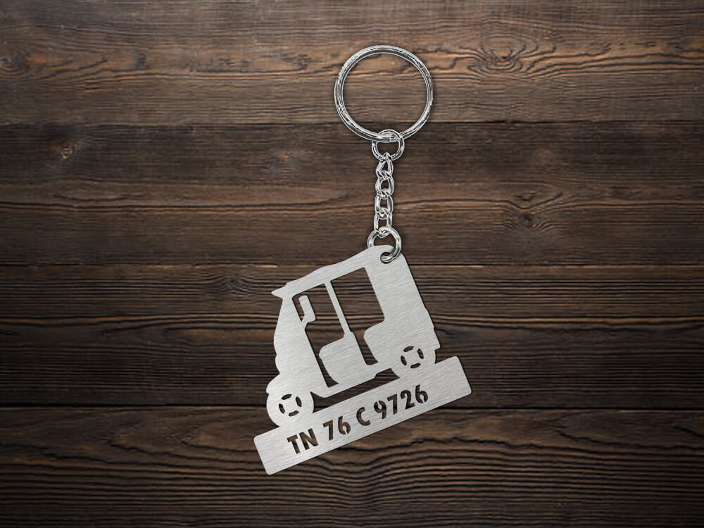 Metal Auto Rickshaw Shape Number Plate Keychain - MVS199