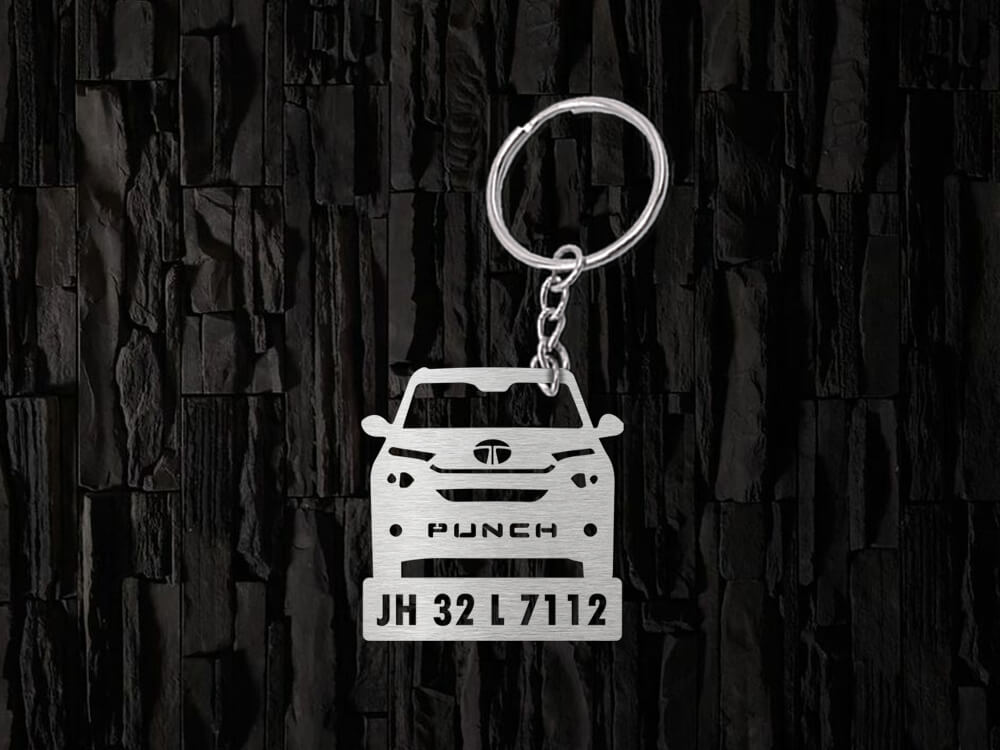 Metal Car Shape Number Plate Keychain - MVSF35 - Tata Punch Front View