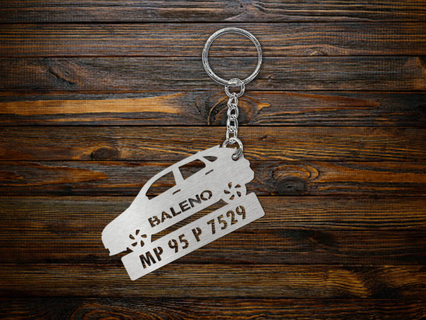 Metal Car Shape Number Plate Keychain - MVS56 - Maruti Suzuki Baleno