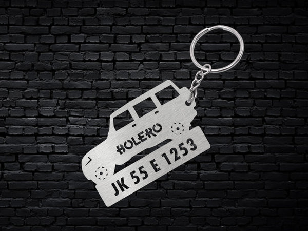 Metal Car Shape Number Plate Keychain - MVS715 - Mahindra Bolero