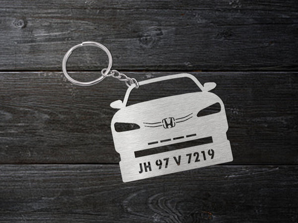 Metal Car Shape Number Plate Keychain - MVSF36 - Honda Front View