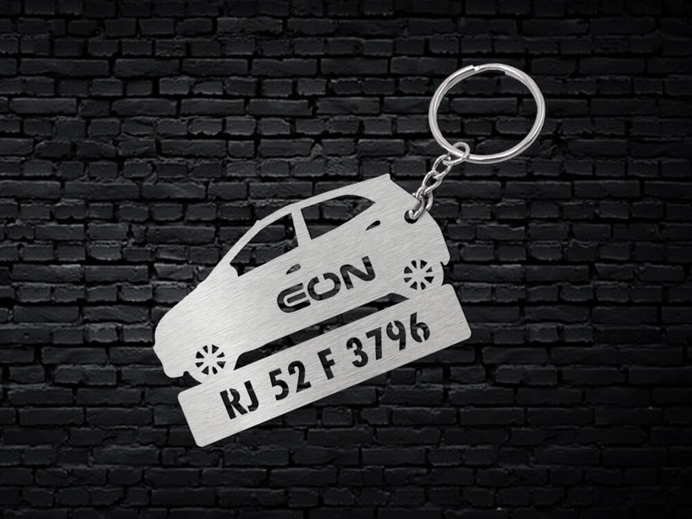 Metal Car Shape Number Plate Keychain - MVS55 - Hyundai Eon