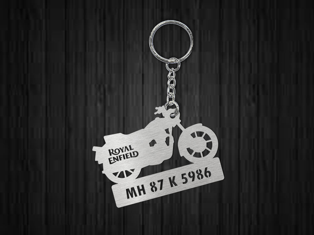 Metal Bike Shape Number Plate Keychain - Royal Enfield