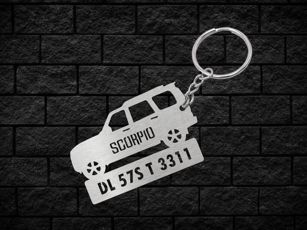 Metal Car Shape Number Plate Keychain - MVS19 - Mahindra Scorpio