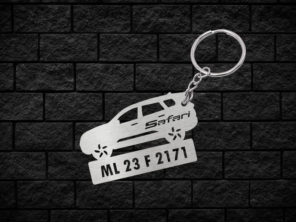 Metal Car Shape Number Plate Keychain - MVS46 - Tata Safari