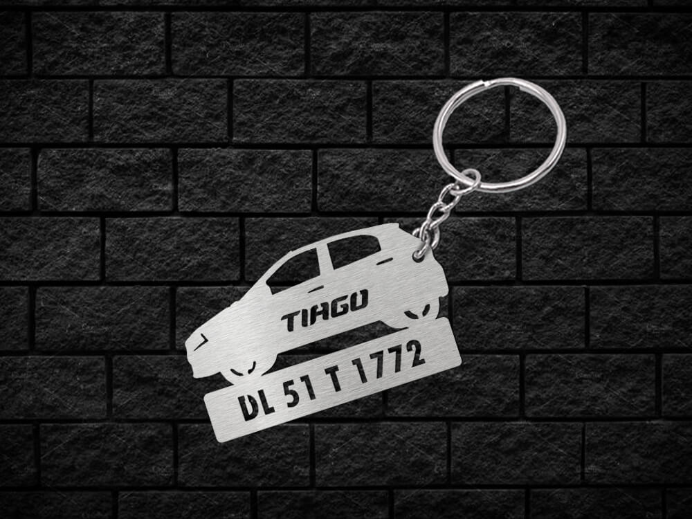 Metal Car Shape Number Plate Keychain - MVS85 - Tata; Wisholize