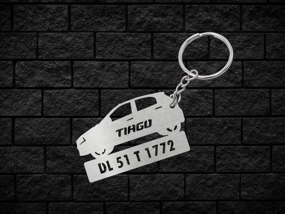Metal Car Shape Number Plate Keychain - MVS85 - Tata Tiago