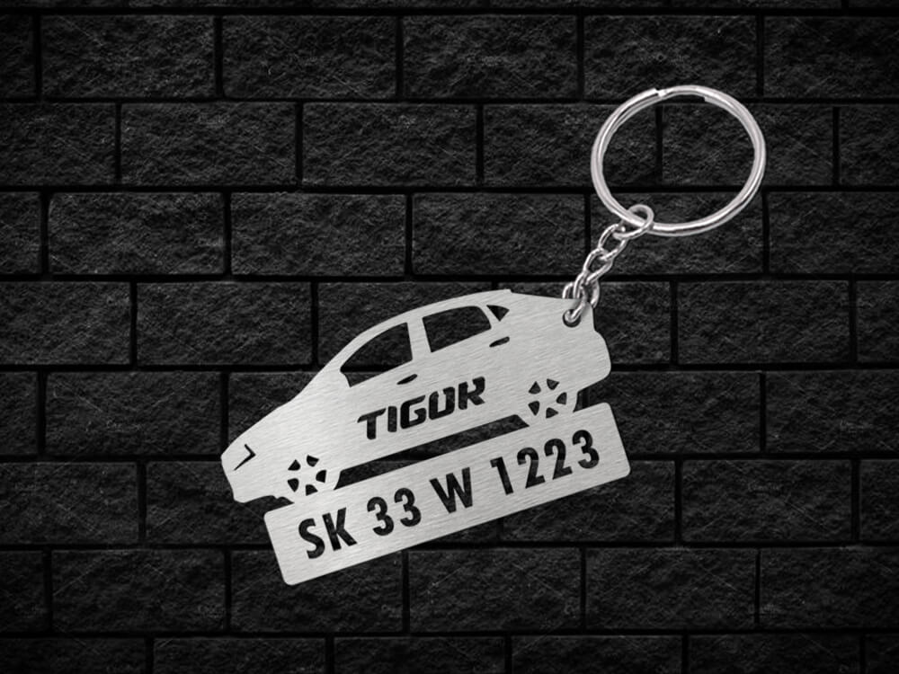 Metal Car Shape Number Plate Keychain - MVS49 - Tata Tigor
